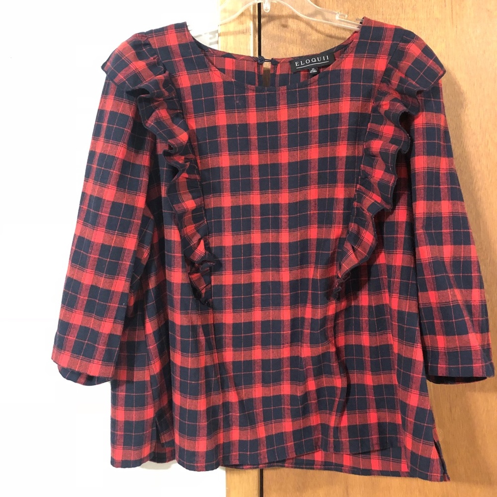 Plaid ruffle 3/4 sleeve top